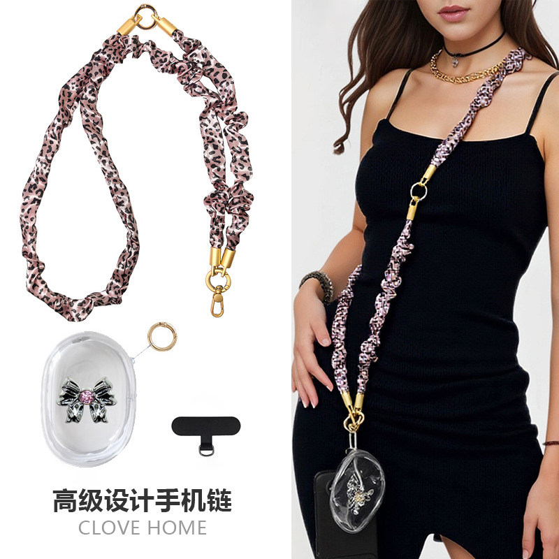 粉豹纹肠圈布艺手机链斜挎墨镜链