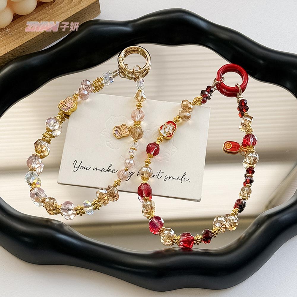 Clove 国风招财猫手机链短款水晶串珠钥匙扣新中式痛包挂件高级感