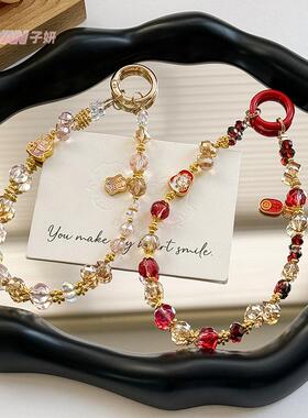 Clove 国风招财猫手机链短款水晶串珠钥匙扣新中式痛包挂件高级感