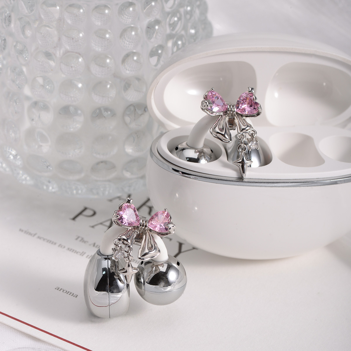 粉色蝴蝶耳机钻扣开放式耳机夹女