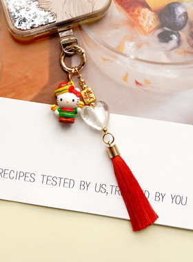 Clove kity猫爱心发财钥匙扣包挂手机链条吊坠大红色流苏装饰配件