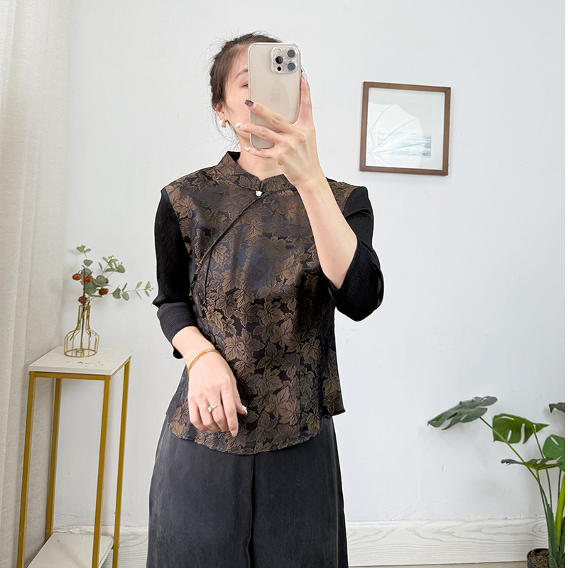 真丝提花上衣女七分袖100桑蚕丝新中式上衣