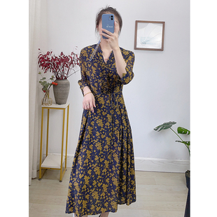 小碎花03雙縐真絲連衣裙女100桑蠶絲收腰顯瘦長(zhǎng)裙子