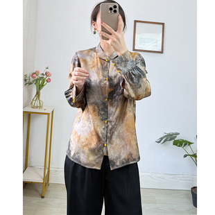 国风桑波缎提花花罗真丝衬衫女长袖花色100桑蚕丝衬衣上衣
