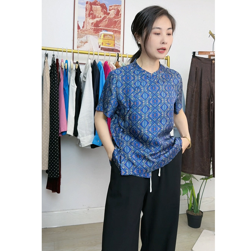 青花瓷20姆米斜纹绸真丝衬衫短袖 复古国风新中式100桑蚕丝上衣女