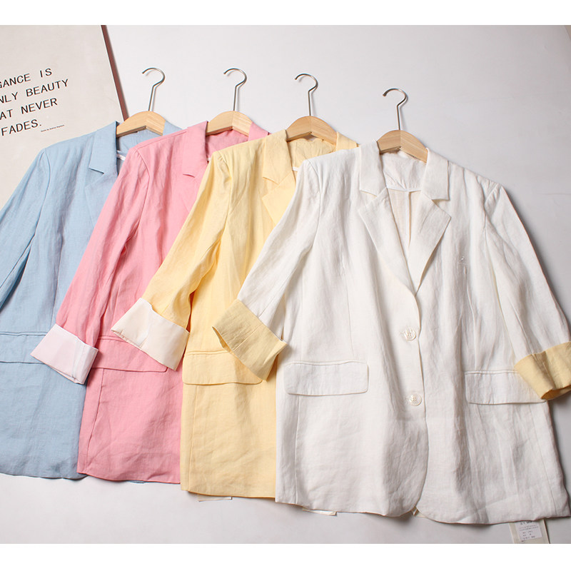 老钱风100%纯亚麻西装外套女2025春秋薄款透气七分袖宽松休闲西服