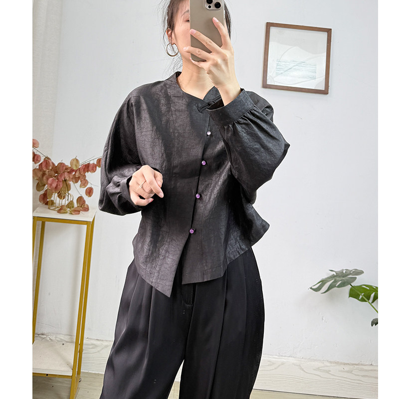 35姆米100桑蚕丝紫龟非遗老油龟裂纹真丝香云纱外套上衣女 秋季