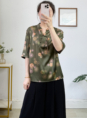 大码女装~24姆弹力缎新中式国风花色真丝衬衫女 92桑蚕丝短袖上衣