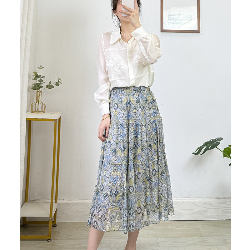 贵台1408 田园碎花 法式度假风真丝乔其印花半身裙女夏中长款裙子