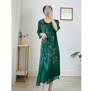 新中式国风~双层真丝连衣裙女 夏宽松大码妈妈装桑蚕丝中长款裙子