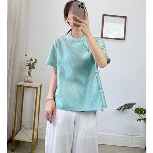 凤羽花~流光绸真丝短袖上衣女夏新中式国风立领斜襟100桑蚕丝衬衫