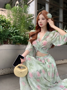 纯欲气质印花长袖扭结上衣a字高腰修身显瘦半身长裙时尚别致套装