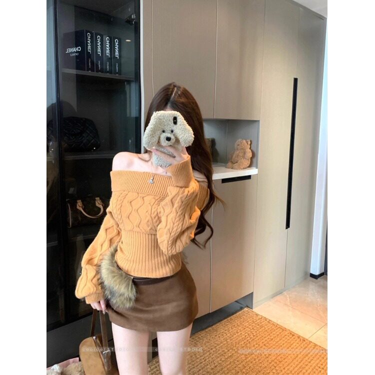 纯欲风性感一字肩长袖麻花针织衫女秋冬新款套头毛衣收腰显瘦上衣