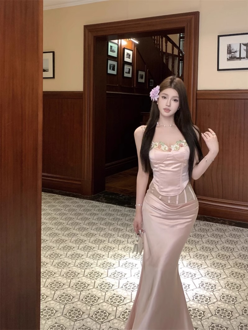 鱼骨抹胸吊带缎面鱼尾半身长裙