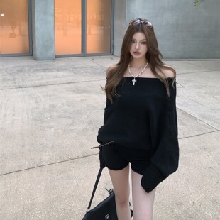 高腰短裤 辣妹一字肩宽松显瘦针织衫 两件套 秋季 慵懒风黑色毛衣套装