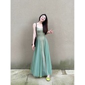 水绿色自制修身 海边度假穿搭收腰长裙 吊带连衣裙女高级感仙气夏季