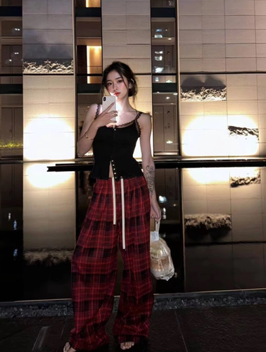 美式辣妹复古红色格子高腰休闲运动垂感阔腿裤纯欲蕾丝短款小背心