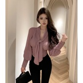 衬衫 纯欲设计感系带打褶别致长袖 雪纺上衣女温柔性感V领显瘦短款