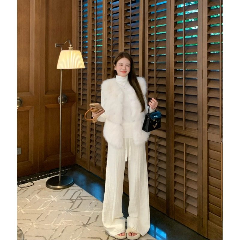 高级慵懒感环保毛皮草马甲外套女秋冬高领打底T恤高腰阔腿裤套装,女装/女士精品,时尚套装,淘宝优惠券,粉丝福利购,淘宝优惠卷