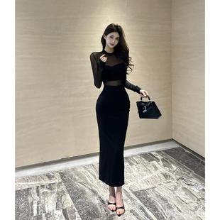 御姐辣妹性感网纱拼接镂空气质黑色连衣裙女内搭小众修身 包臀长裙