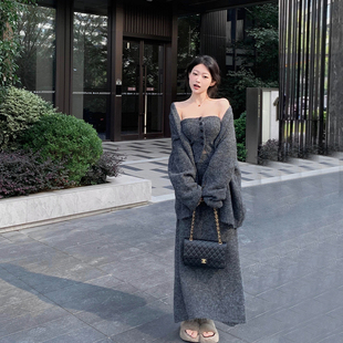 辣妹慵懒风灰色毛衣套装秋冬洋气显瘦短款抹胸鱼尾半身裙针织开衫