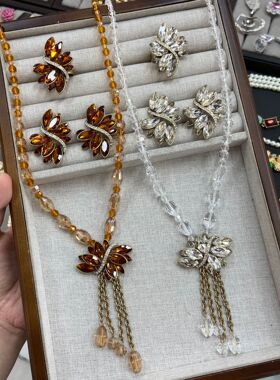 中古Vintage时尚大气简约满钻新潮不规则几何黄铜做旧项链戒指耳