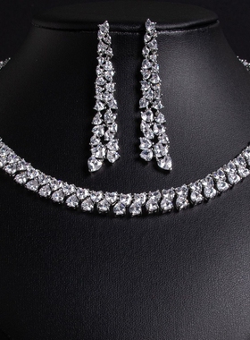 欧美冷淡风时尚蓝色锆石新娘套装小众设计精致微镶钻项链耳环气质