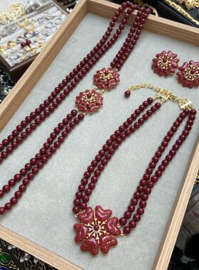 复古安哥拉红琉璃串珠双层花朵项链耳饰套装珐琅滴油轻奢花卉耳钉