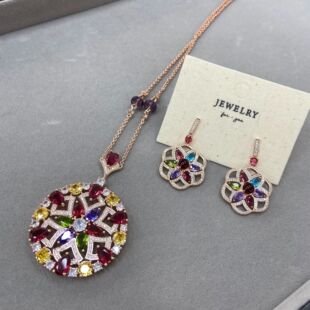 奢华夸张新娘璀璨彩色彩宝花朵圆盘镶宝石耳环项链套装复古油画感