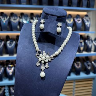 跨境新款时尚锆石珍珠项链耳环套装简约新娘婚纱配饰婚礼项链套装