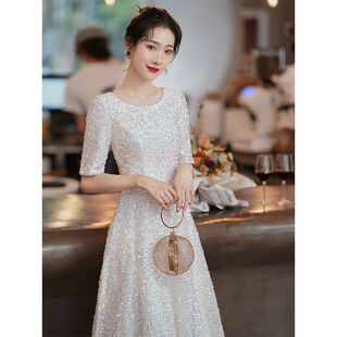 轻奢白色晚礼服2025新款主持人年会礼服女气质名媛生日超闪高级感