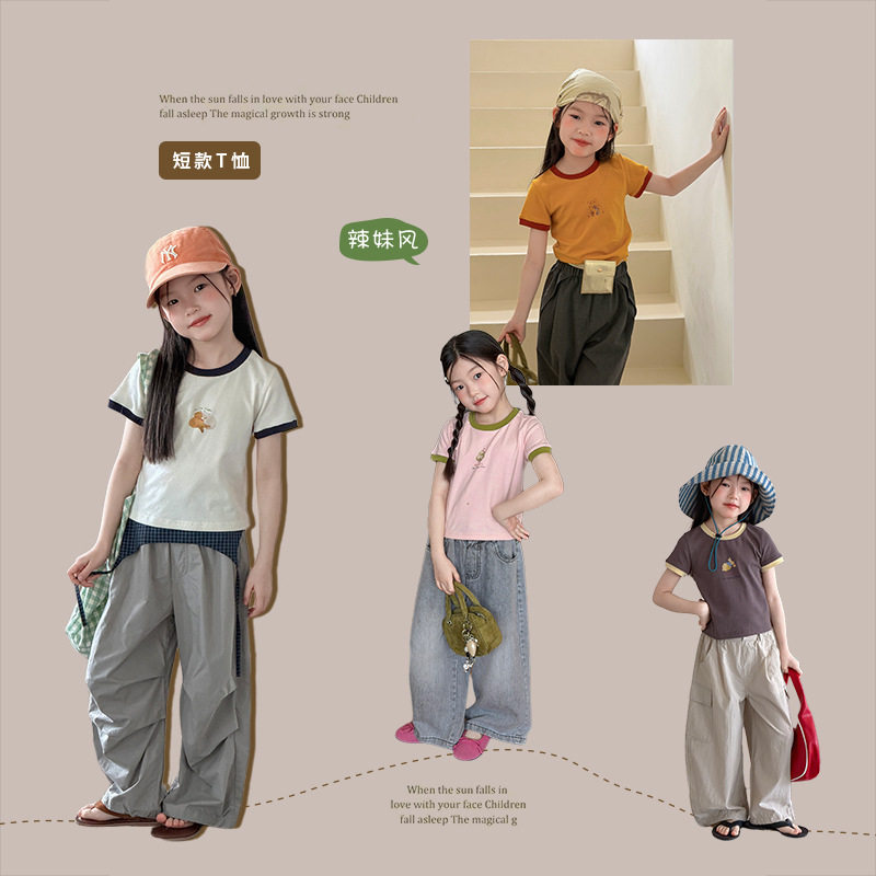 夏季新款女童日常元气时髦修身拼色短袖舒适纯棉撞色短款卡通T恤
