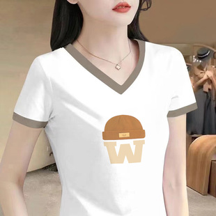 拼接吸汗休闲百搭V领短袖印花T恤女半袖夏装女士洋气白色修身上衣