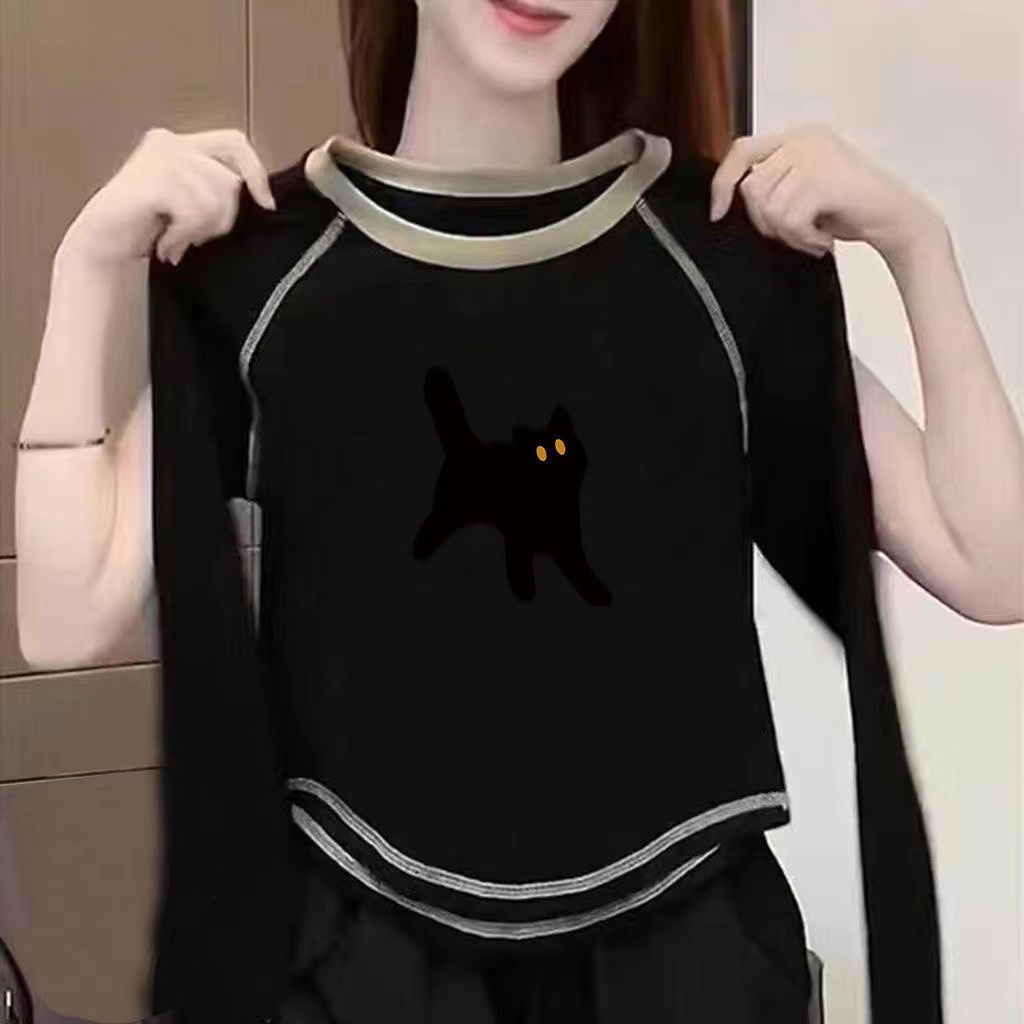 含棉打底衫女2024新款秋冬圆弧形不规则内搭长袖T恤短款别致上衣