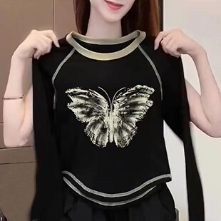 秋季字母百搭常规款T恤设计感小众宽松显瘦上衣女款圆领长袖体恤