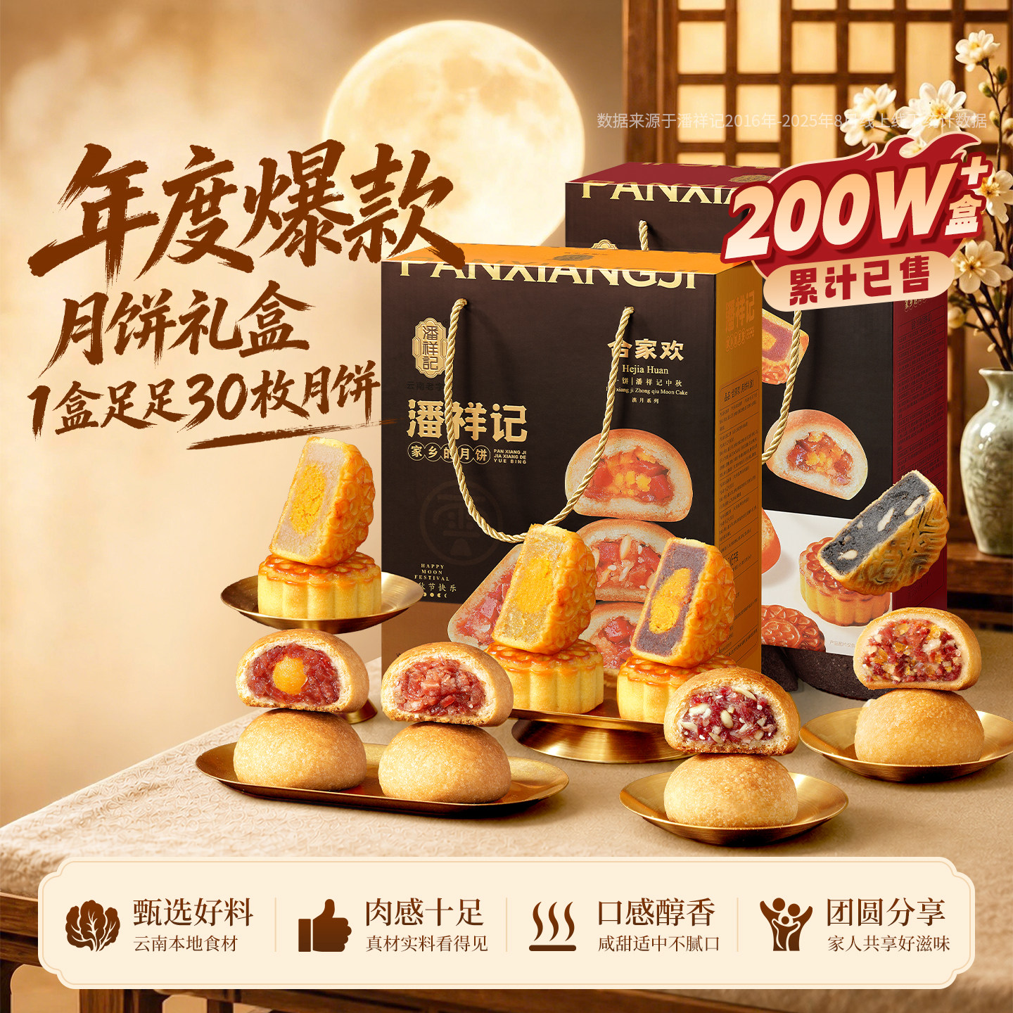潘祥记云腿月饼礼盒鲜花云腿蛋黄中秋节送礼云南特产宣威火腿月饼