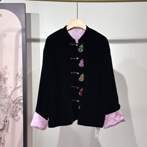 新中式国风宽松百搭真丝丝绒外套女2025秋季新款彩色葫芦钉珠上衣