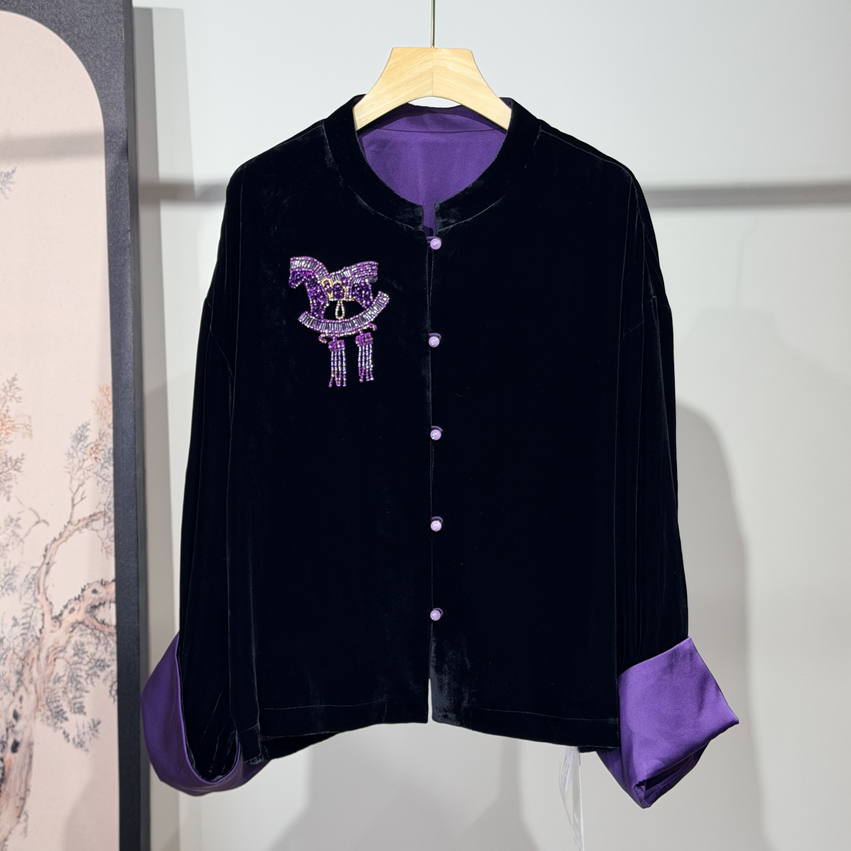 【紫色小马】高品质早春100桑蚕丝新中式真丝丝绒衬衫重工外套