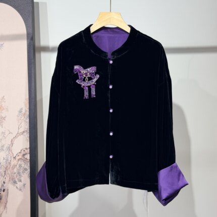 【紫色小马】高品质早春100桑蚕丝新中式真丝丝绒衬衫重工外套