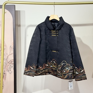 香云纱鹅绒羽绒服短款立领新中式国风提花加厚妈妈红色棉服外套