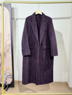 显瘦双排扣毛呢外套 高级感紫条纹双面羊毛大衣女长款 2025冬装 新款
