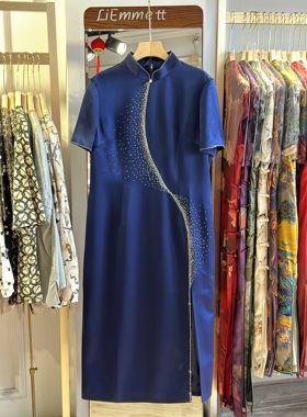 旗袍妈妈装婚宴夏季藏蓝色修身大码烫钻喜婆婆结婚礼服高端年轻款