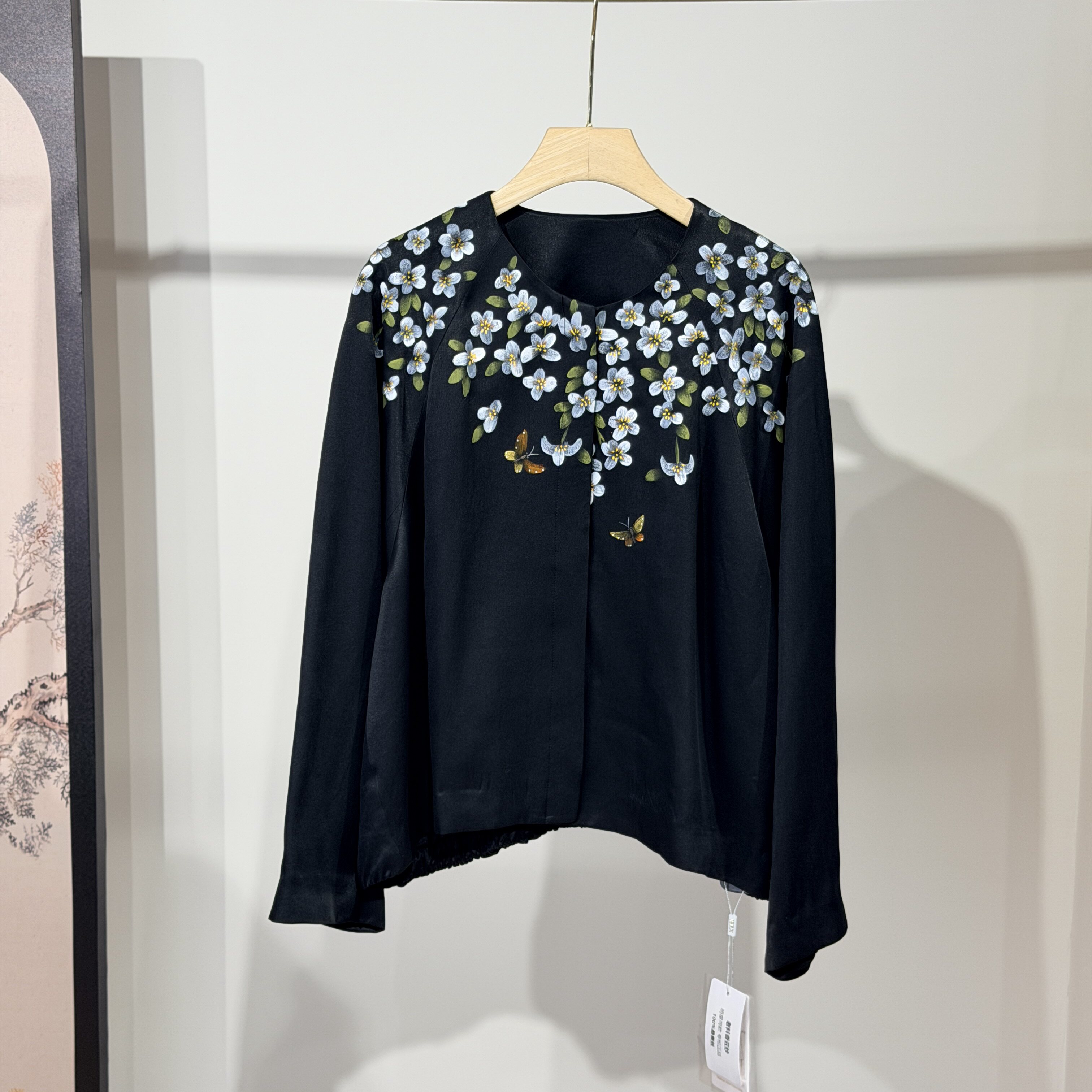 定位花 高端手绘新中式桑蚕丝香云纱早秋印花外套女新款显瘦上衣