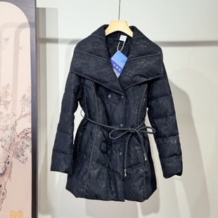 蕾丝亮片中长款可收腰羽绒服女2025冬新款大翻领90白鸭绒外套