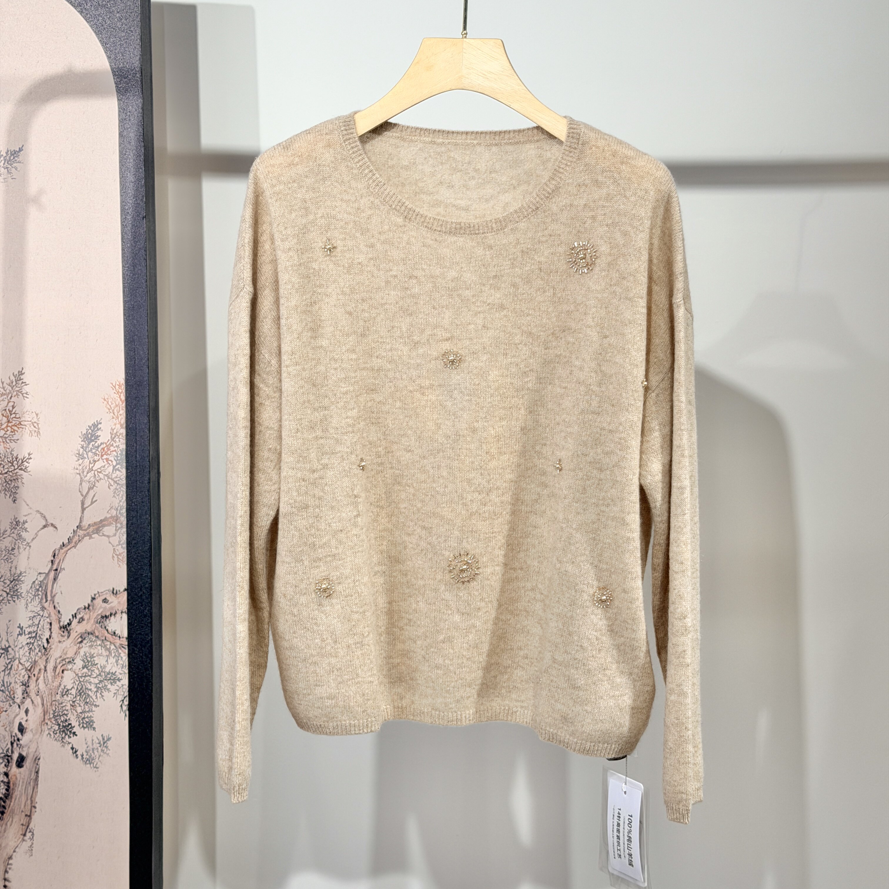 绒品定制 法式温柔 轻奢手工钉珠羊绒衫女长袖宽松显瘦针织衫