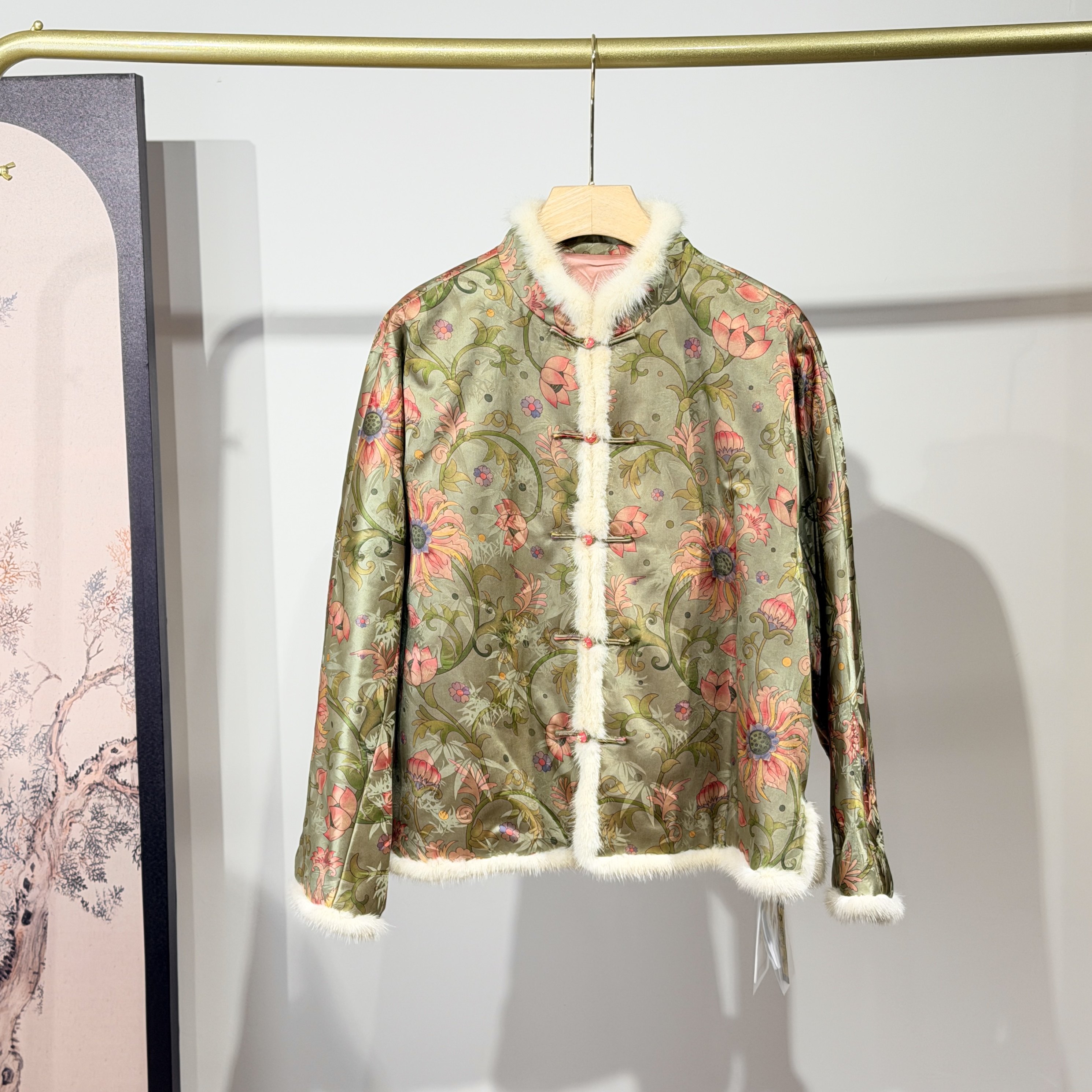 高端国风印花水貂毛香云纱保暖棉衣女款冬季新款绿色加厚棉服外套,女装/女士精品,棉衣/棉服,淘宝优惠券,粉丝福利购,淘宝优惠卷