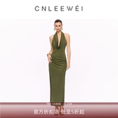 新款 CNLEEWEI 2025年秋季 荡领挂脖鱼尾摆长裙金属扣网纱连衣裙