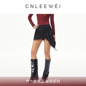 黑色皱褶蕾丝拼接飘片西装 CNLEEWEI 26早春新款 短裙