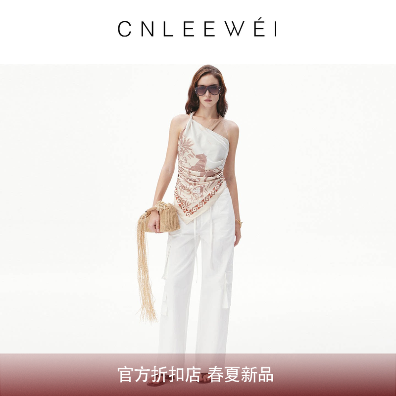 CNLEEWEI 26春夏复古手绘马图案丝巾拼接挂脖背心