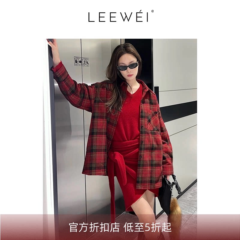 CNLEEWEI秋冬季新款经典高级感大红时尚格子衬衫长袖上衣女